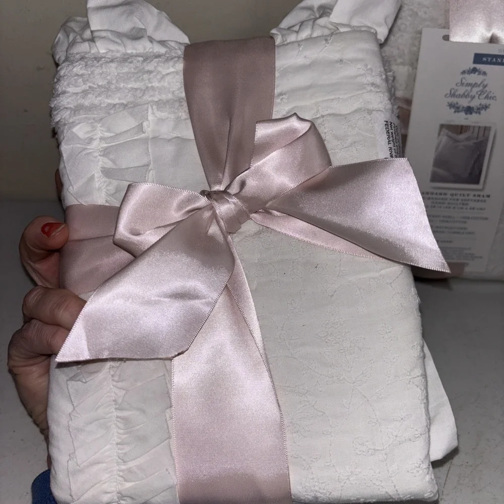 Simply Shabby Chic White Chenille Patchwork Ruffle Quilted Standard Shams Pair